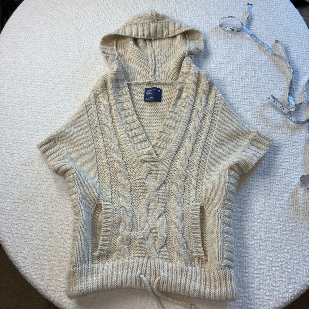 American Eagle Cable Knit Hooded Sweater Vest Cream XS-S Wool Alpaca Coastal - Picture 3 of 7
